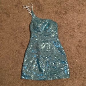 One shoulder, ice blue sequin prom/snowball dress.